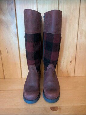 Paul Brodie Leather Tall Knee High Boots, Black and Red Plaid, Women's 8